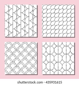 Collection of four silver glitter patterns on white background for birthday, greeting, business cards, wedding invitations, wrapping paper design. Set of four vector seamless patterns.