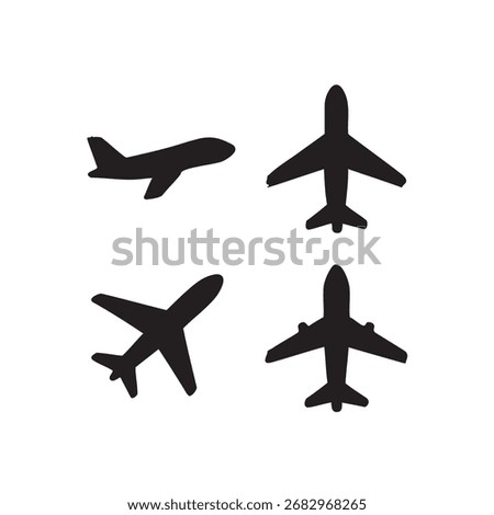 A collection of four simple black airplane silhouettes against a clean white background. The set includes a side profile of a plane taking off or landing, a top-down view of a jet, and two additional 