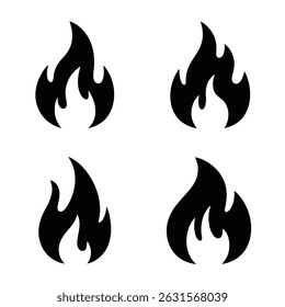 Colección de cuatro simples iconos de llama negra, perfecto para logotipos, Sitios web o diseños App. Versátil y fácilmente escalable.