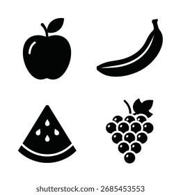 A collection of four simple black icons representing common fruits: an apple, a banana, a slice of watermelon, and a bunch of grapes.