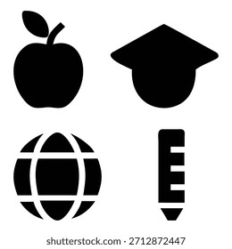 Una colección de cuatro simples íconos negros que representan la educación: una manzana, una gorra de graduación, un globo terráqueo y un lápiz de Regla, perfecto para materiales de aprendizaje.