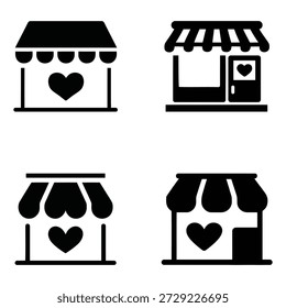 Una colección de cuatro simples iconos de arte de línea negra que representan varias fachadas de tiendas o boutiques Pequeñas, cada una con una forma de corazón prominente, perfecta para el amor, la caridad o temas de negocios Pequeños.