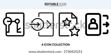 A collection of four simple, black line icons representing file and user related functionalities.