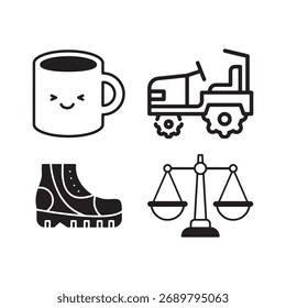 Colección de cuatro sencillos iconos de contorno en blanco y negro que representan el trabajo y la justicia de la cafetería
