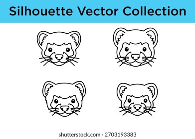 Una colección de cuatro sencillas Ilustraciones vectoriales de silueta en blanco y negro de la cara de un lindo hurón.