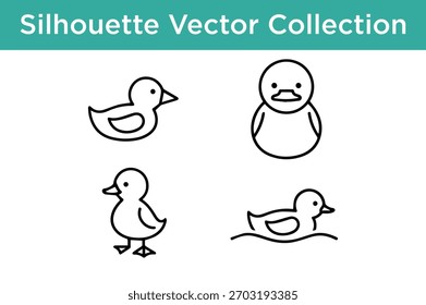 A collection of four simple, black and white line art silhouettes of ducks in various poses.