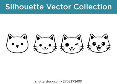 Una colección de cuatro sencillas Ilustraciones vectoriales de siluetas en blanco y negro de caras de gatos con diferentes expresiones.