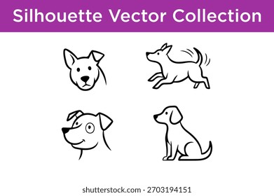 Uma coleção de quatro simples ilustrações de arte em preto e branco de cães, apresentando diferentes poses e expressões.