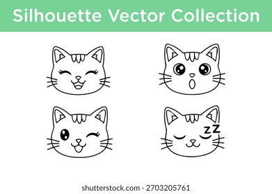 A collection of four simple black and white line art cat faces, each with a different expression.