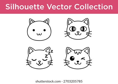 Uma coleção de quatro simples, preto e branco silhueta ilustrações vetor de faces de gato bonito, cada um com uma expressão diferente.