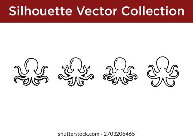 A collection of four simple, black and white vector illustrations of octopuses, each with a unique pose and tentacle arrangement.