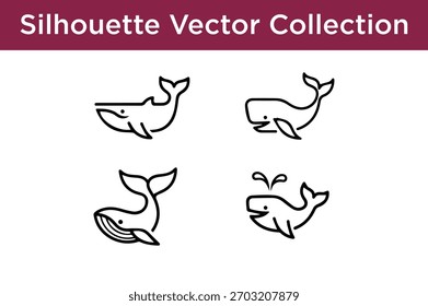 Una colección de cuatro simples, blanco y negro línea arte ballena siluetas.