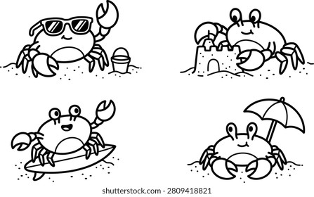 A collection of four simple black and white line of cartoon crabs on a sandy beach, engaged in various summer activities.