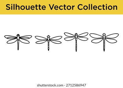 Eine Kollektion von vier einfachen Libellen Umriss Vektor Silhouetten, perfekt für verschiedene Design-Projekte.