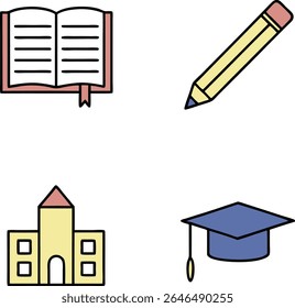 A collection of four simple, flat design icons related to education. The icons are presented on a white background. Top left is an open book with a pink bookmark.  