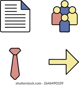 A collection of four simple, flat design icons on a white background. The icons depict a group of diverse people in yellow, blue, and pink, a blue triangle, a pink tie  