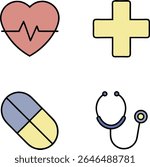 A collection of four simple, flat icons representing health and medicine, presented on a white background. The icons include a red heart with a cardiogram line, a yellow Greek cross 