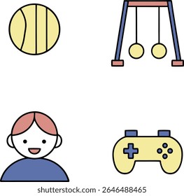 A collection of four simple, flat icons depicting children's leisure activities. The icons are arranged in a 2x2 grid on a transparent background. Top left is a yellow basketball with black lines.  
