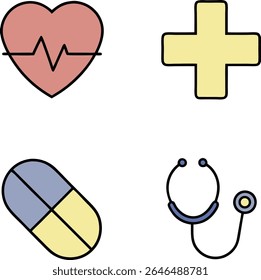 A collection of four simple, flat icons representing health and medicine, presented on a white background. The icons include a red heart with a cardiogram line, a yellow Greek cross 
