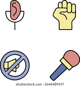 A collection of four simple, flat icons arranged in a two-by-two grid on a white background. The top left icon is a pink ear. The top right icon is a yellow raised fist.  