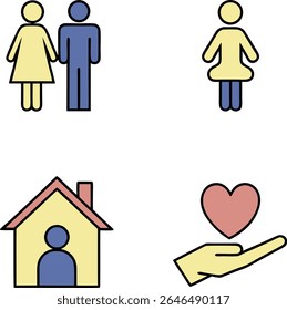 A collection of four simple, flat icons on a white background. The top left shows a yellow female figure and a blue male figure standing side by side.  