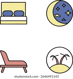 A collection of four simple, flat icons on a white background. The top left shows a yellow bed with two blue pillows. The top right features a yellow crescent moon  