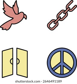 A collection of four simple, flat icons on a white background. The top left shows a light pink bird in flight with its wings spread. To its right is a light pink broken chain link.  