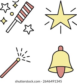 A collection of four simple, flat icons in yellow and pink hues. The icons include a star, a bell, a magic wand with sparkles, and a burst of confetti on a transparent background
