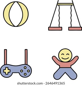 Una colección de cuatro iconos simples y planos con una paleta de colores pastel sobre un fondo transparente. Los iconos representan a un niño sonriente con los brazos extendidos 