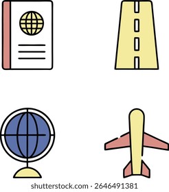 Uma coleção de quatro ícones simples e planos em um fundo transparente. Os ícones retratam um passaporte com um símbolo de globo, uma estrada, um globo em uma arquibancada e um avião. 
