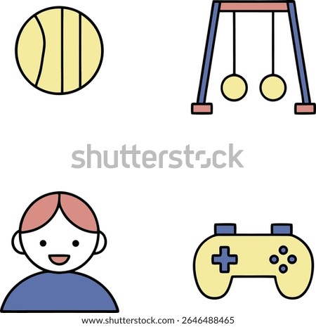 A collection of four simple, flat icons depicting children's leisure activities. The icons are arranged in a 2x2 grid on a transparent background. Top left is a yellow basketball with black lines.  