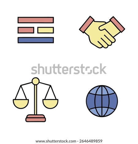 A collection of four simple, flat icons representing business concepts. The icons are arranged in a 2x2 grid on a white background. Top left is a set of horizontal bars in pink, yellow, and blue. 