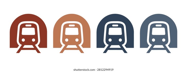 A collection of four simple flat vector icons featuring a train emerging from a tunnel, displayed in various shades of red and blue, perfect for transit, railway, and travel related graphic projects.