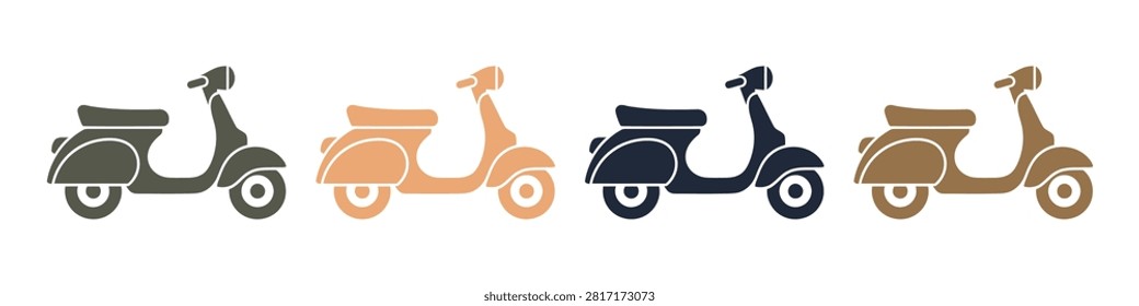 A collection of four simple flat vector icons featuring vintage style scooters in various colors. These minimalist designs are perfect for transportation, travel, and urban lifestyle concepts. Isolated on a white background for easy editing.