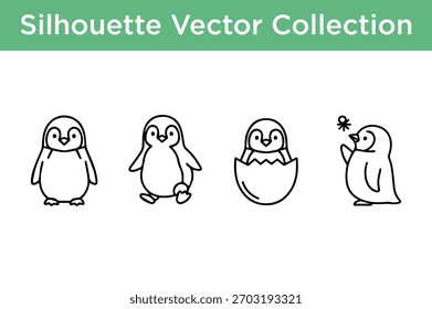 A collection of four simple, hand-drawn penguin silhouettes in various poses, perfect for graphic design.