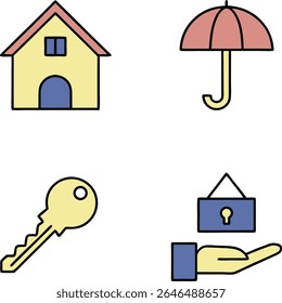 A collection of four simple icons arranged in a two-by-two grid on a transparent background. The top left shows a yellow house with a pink roof and a blue door and window. 