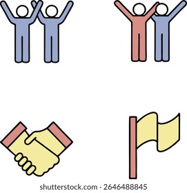 A collection of four simple icons on a white background. The top left shows two blue figures with arms raised in a group hug. The top right shows a pink figure and a blue figure with arms raised 