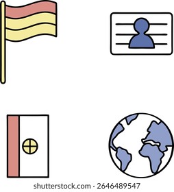 A collection of four simple icons on a white background. The icons include a waving flag with horizontal stripes of red, yellow, and red, a silhouette of a person 