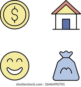 A collection of four simple icons on a white background. The top left features a yellow coin with a dollar sign. The top right shows a stylized house with a yellow roof and a blue base.  