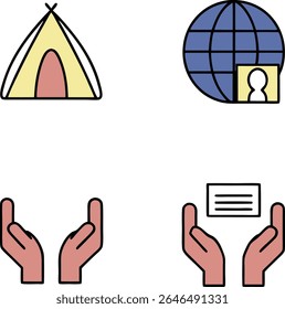 Uma coleção de quatro ícones simples sobre um fundo branco. O canto superior esquerdo mostra uma tenda amarela com uma abertura rosa. 