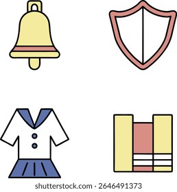 A collection of four simple icons on a transparent background. The top left shows a yellow bell with a pink stripe. The top right displays a pink shield outline.  