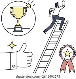 A collection of four simple icons on a white background. The top left features a yellow trophy with a dark gray base and a yellow star. To its right is a silhouette of a person running 