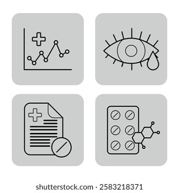 Collection of four simple icons representing health concept. Chart, eye with tear, medical document, pill tray. Wellness concept