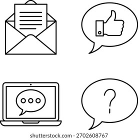 Una colección de cuatro simples iconos de arte de líneas que representan la comunicación: un correo electrónico, un pulgar hacia arriba en una burbuja de discurso, una computadora portátil con una burbuja de chat y un signo de interrogación en una burbuja de discurso, todo en una espalda blanca