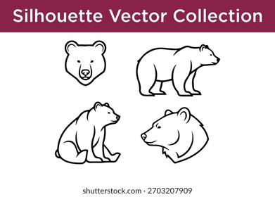 Una colección de cuatro Ilustraciones vectoriales de arte de línea simple de osos, incluyendo cabezas y poses de cuerpo completo.