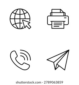 A collection of four simple line art icons representing internet, printing, communication, and messaging, isolated on a white background.