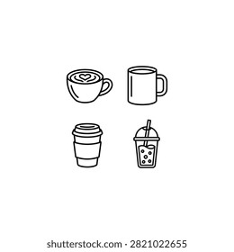 A collection of four simple line art icons representing various beverages including a heart latte cup a ceramic mug a takeaway coffee and a boba tea