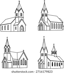 Una colección de cuatro dibujos lineales simples de edificios de iglesias con diferentes estilos arquitectónicos, con campanarios, cruces y fachadas clásicas.