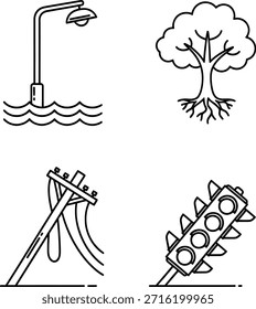 A collection of four simple line drawings depicting a street lamp over water, a tree with exposed roots, a gear with a winding handle, and a spiked wheel, all in a minimalist style.