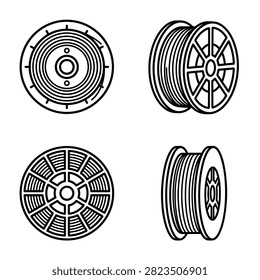 A collection of four simple line drawings depicting spools of wire or cable, shown from different angles.